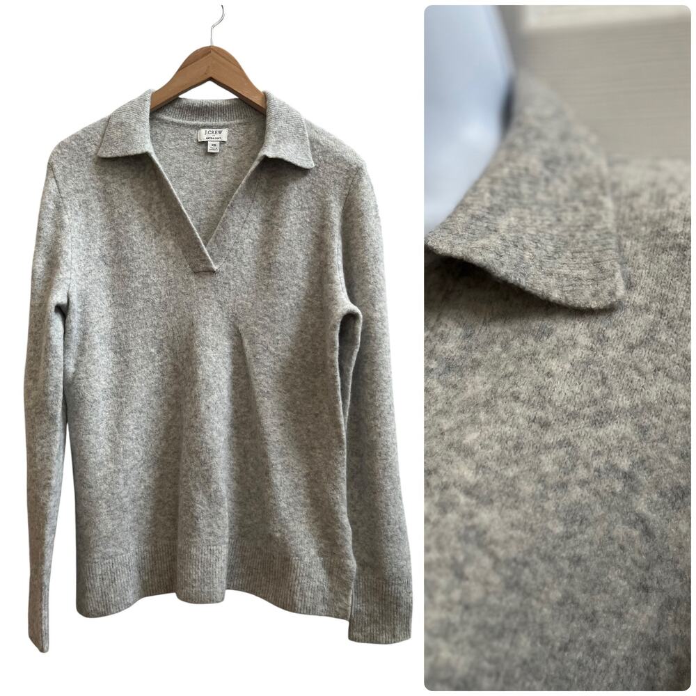 J Crew Gray Extra Soft Ribbed Trim Johnny Collar Polo Sweater XS Cozy Comfy 2023